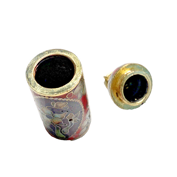 Vintage Cloisonné Enamel on Brass Pendant Cylinder Screw Top Red & Black Floral - Picture 8 of 10